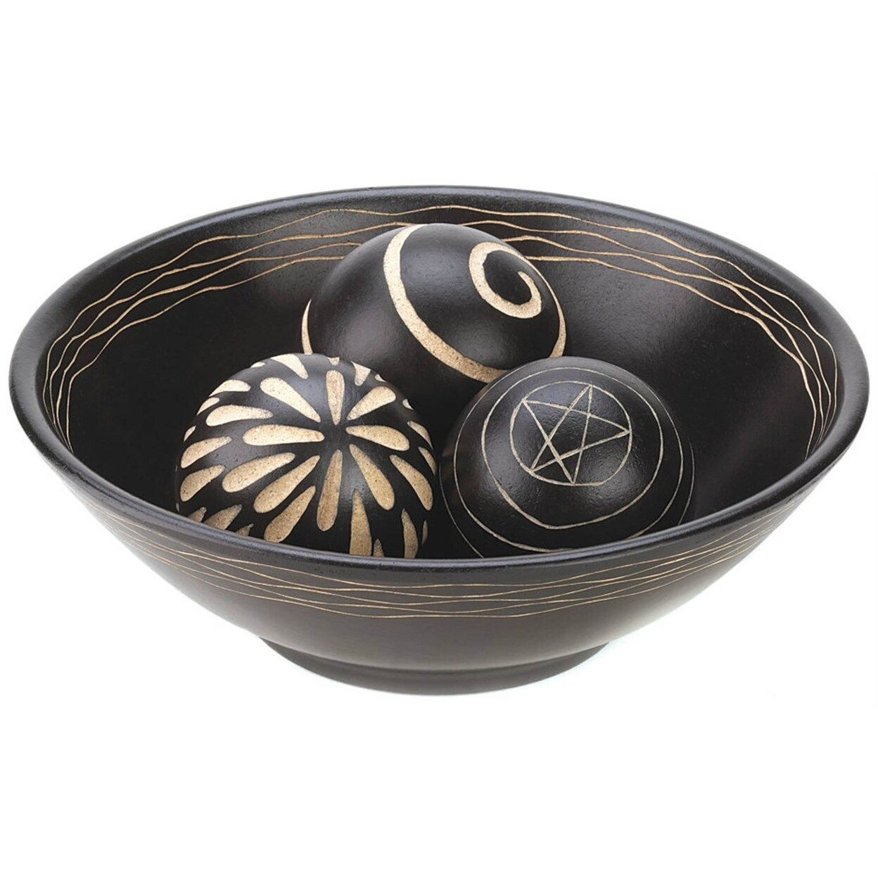 Accent Plus Home Decorative Tribal Style Wood Bowl With Three Carved Balls