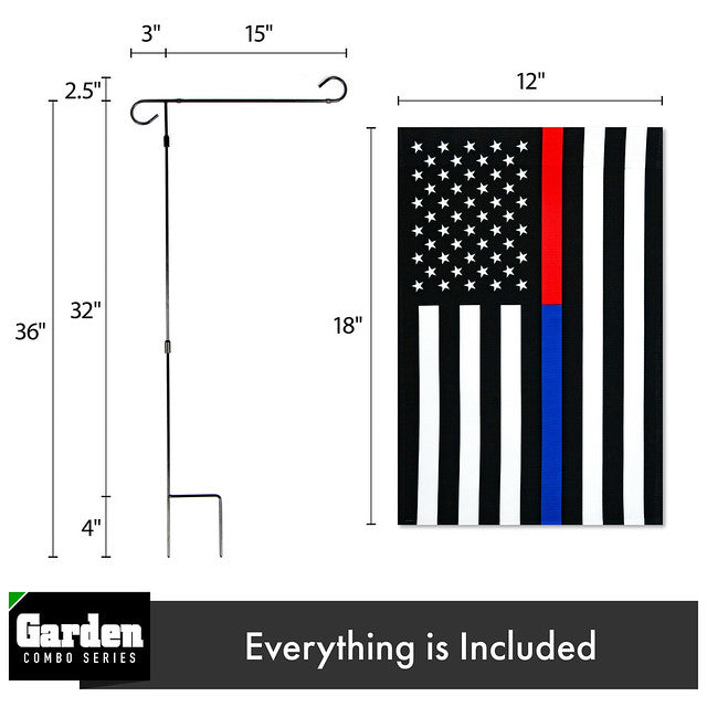 G128 Combo Pack: Garden Flag Stand Black 36x16 Inch & Garden Flag Thin Blue and Red Line 12x18 Inch