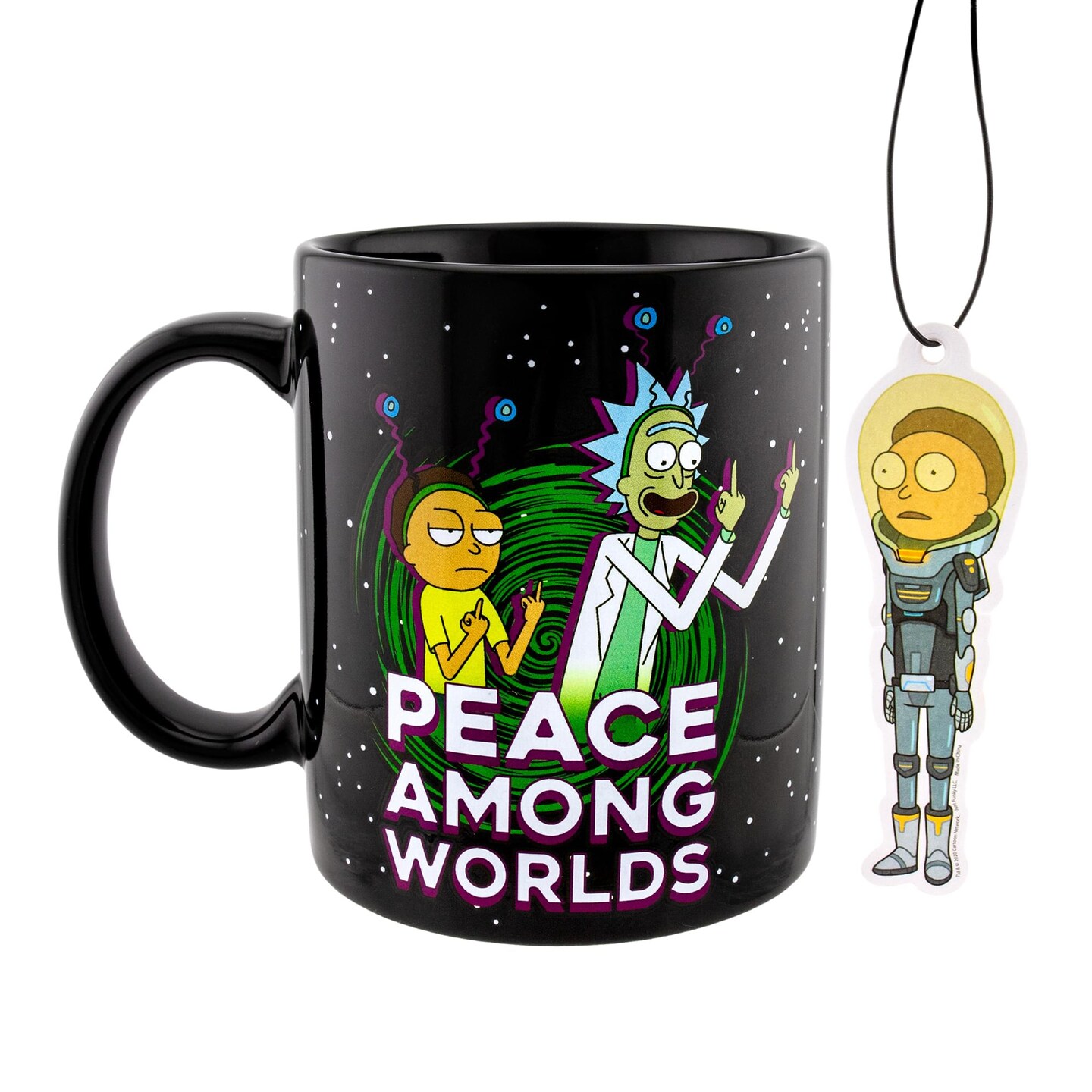 Rick and Morty &#x22;Peace Among Worlds&#x22; 16 Ounce Mug &#x26; Air Freshener Set