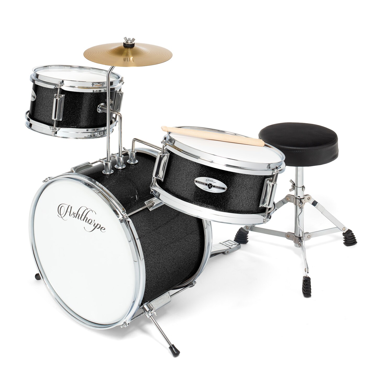 Ashthorpe 3-Piece Complete Kids Drum Set - Beginner Kit with 14" Bass, Adjustable Throne, Cymbal, Pedal & Drumsticks