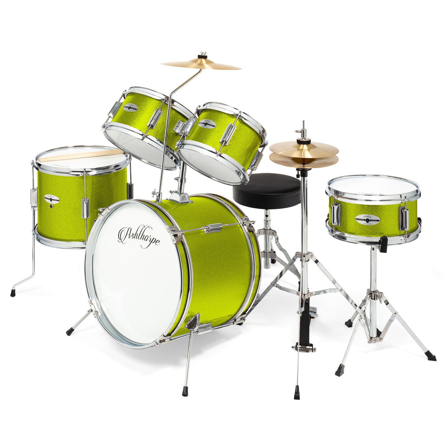 Ashthorpe 5-Piece Complete Junior Drum Set with Genuine Brass Cymbals - Advanced Beginner Kit with 16" Bass, Adjustable Throne, Cymbals, Hi-Hats, Pedals & Drumsticks