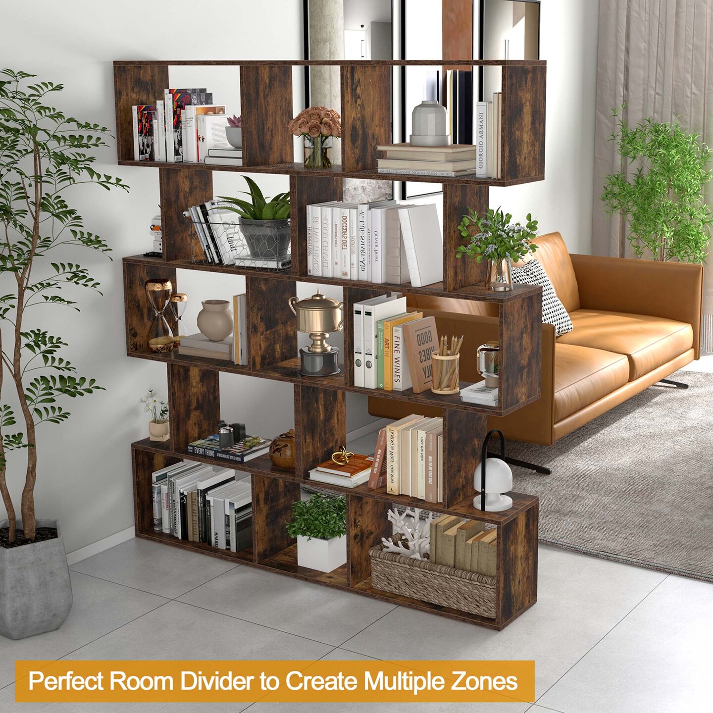 Costway 5-Tier Bookshelf Geometric S-Shaped Bookcase Room Divider Storage Display Shelf