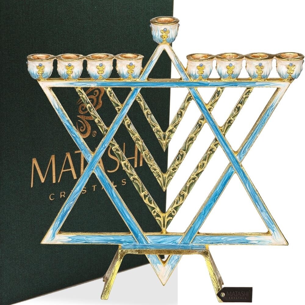 Matashi Hand Painted Blue Enamel Menorah Candelabra w/ Star of David