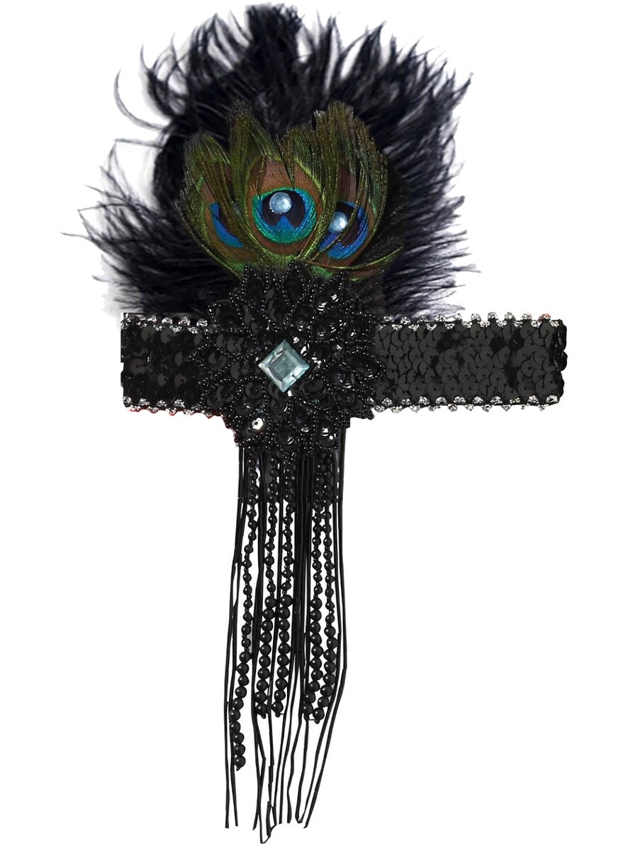 Deluxe Black Sequin Flapper Costume Headband with Peacock Feather