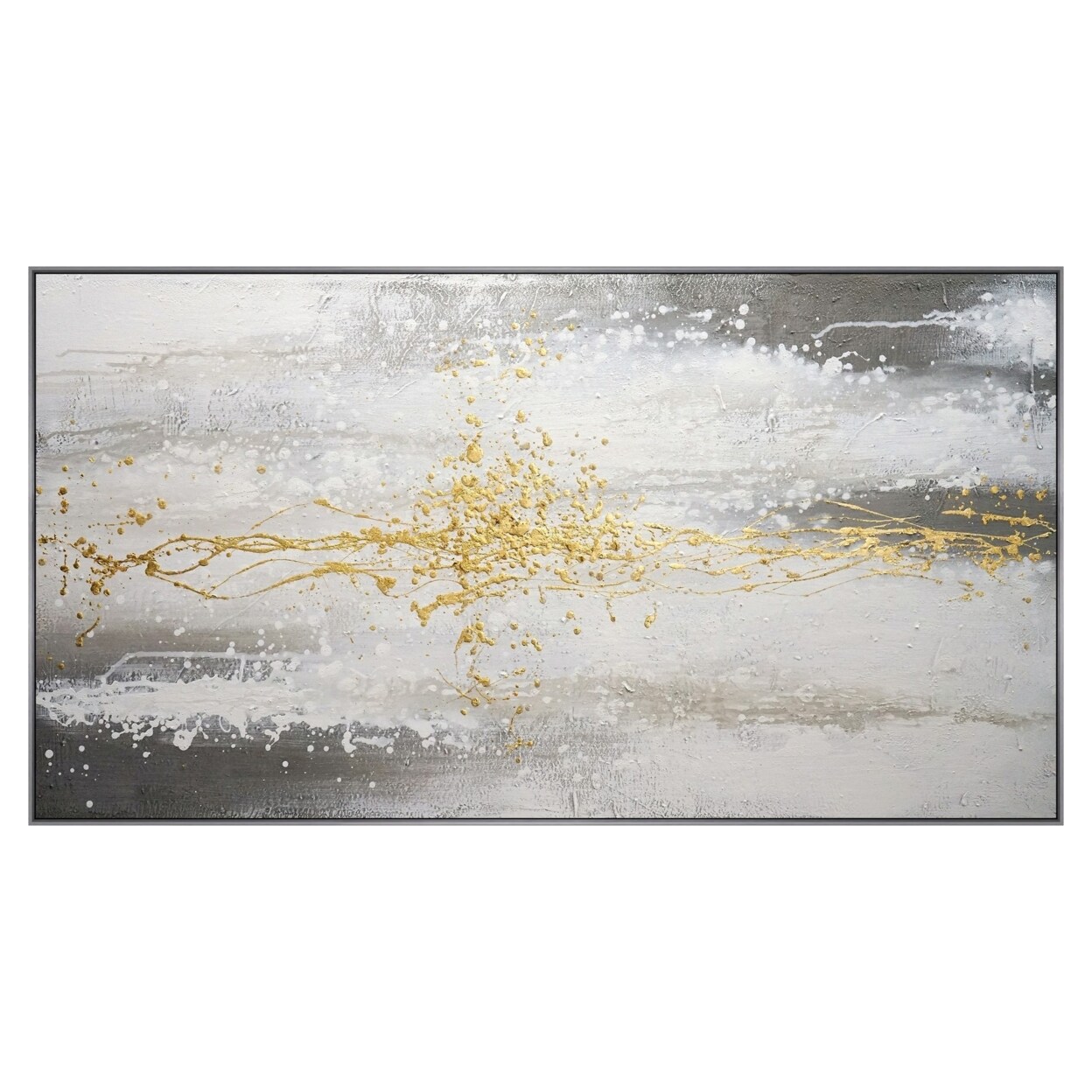 Saltoro Sherpi 32 x 59 Hand Painted Abstract Painting, Framed, Black, White With Gold Foil-