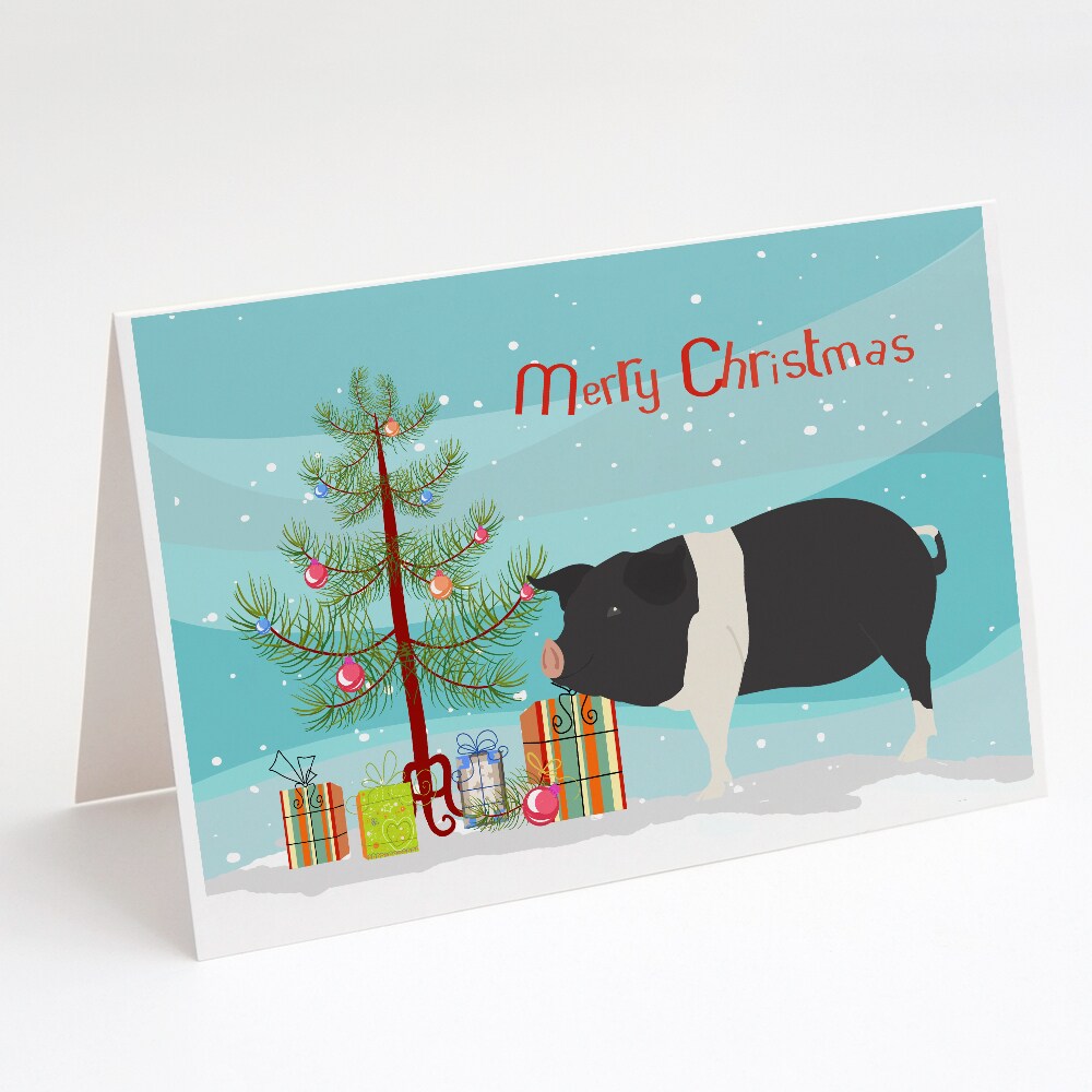 Caroline&#x27;s Treasures   BB9306GCA7P Hampshire Pig Christmas Greeting Cards and Envelopes Pack of 8, Teal, 7 x 5, multicolor