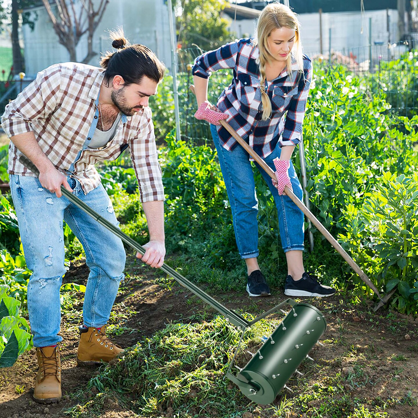 Costway 18&#x22;/21&#x22; Manual Lawn Aerator Heavy Duty Rolling Push Grass Filled with Sand or Stone Aeration Tool with Handle Green
