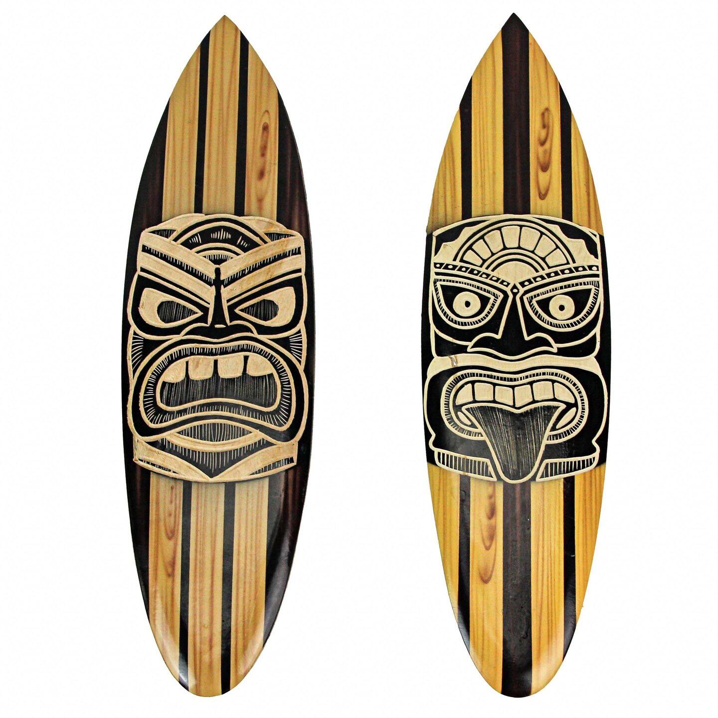 Set Of 2 Hand Crafted Wooden Tiki Mask Surfboard Decorative Wall Hangings 20"