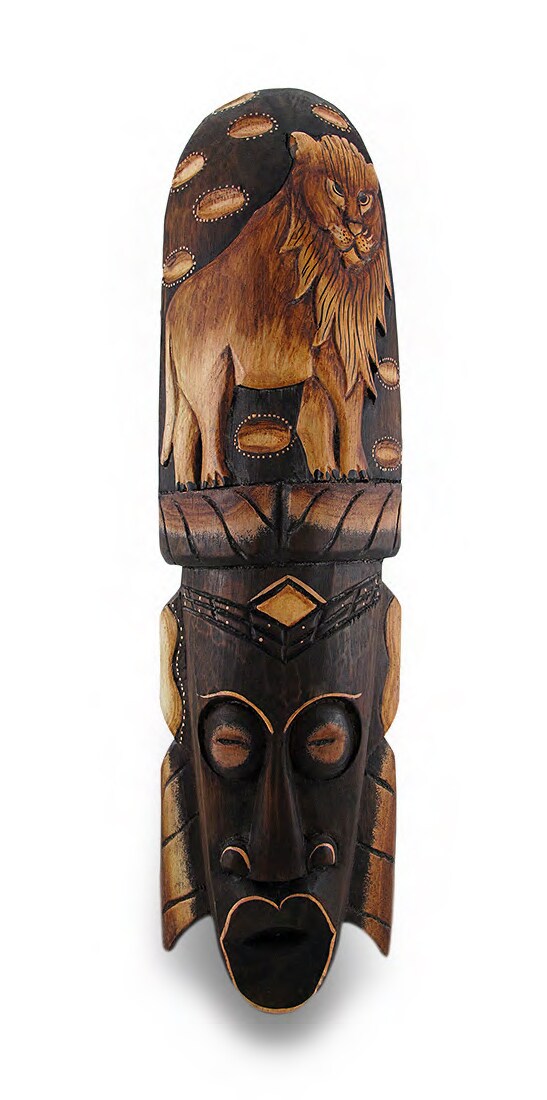 Brown and Tan Hand Carved Wood Tribal Mask w/Lion Headdress 20 in.