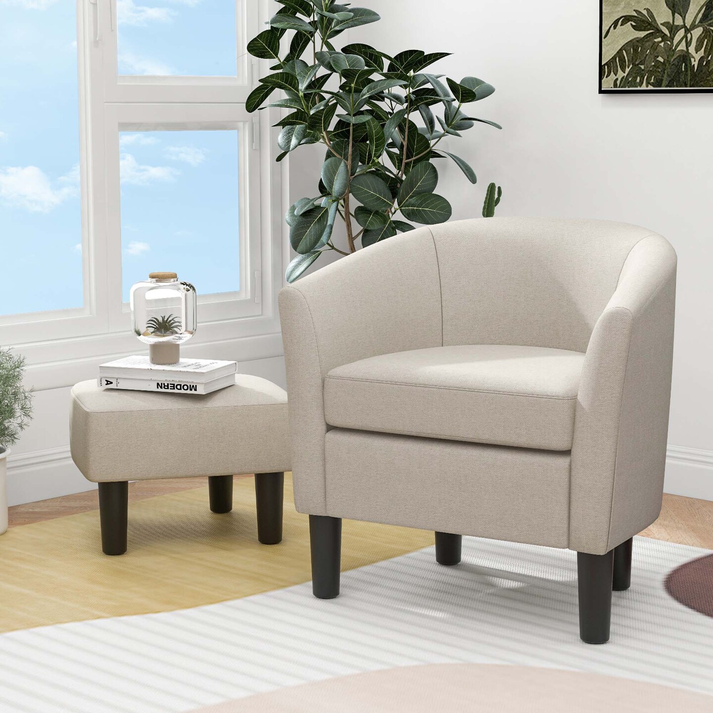 Costway Barrel Club Chair with Ottoman Set Footrest Curved Back &#x26; Removable Seat Cushion Grey/Beige
