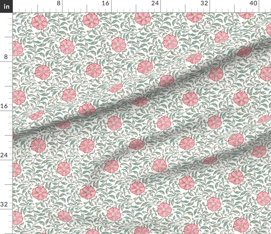 Pink Dahlias And Sage Zinnia Flowers Winding Floral Custom Printed Fabric by Spoonflower Various Fabrics by the Yard or Fat Quarter