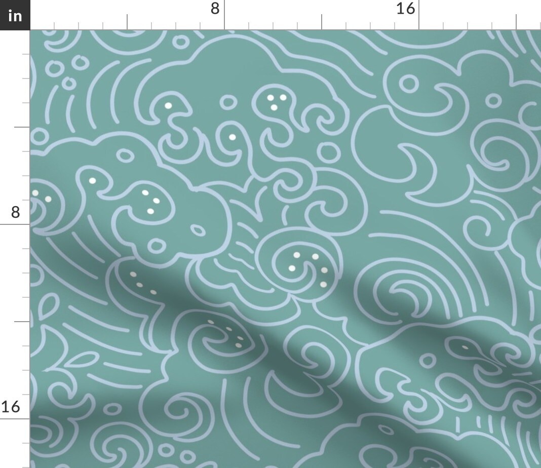 Blue Large Scale Waves Clouds Beach Coastal Teal Ocean Pop Art Modern Whimsical Custom Printed Fabric by Spoonflower Various Fabrics by the Yard or Fat Quarter