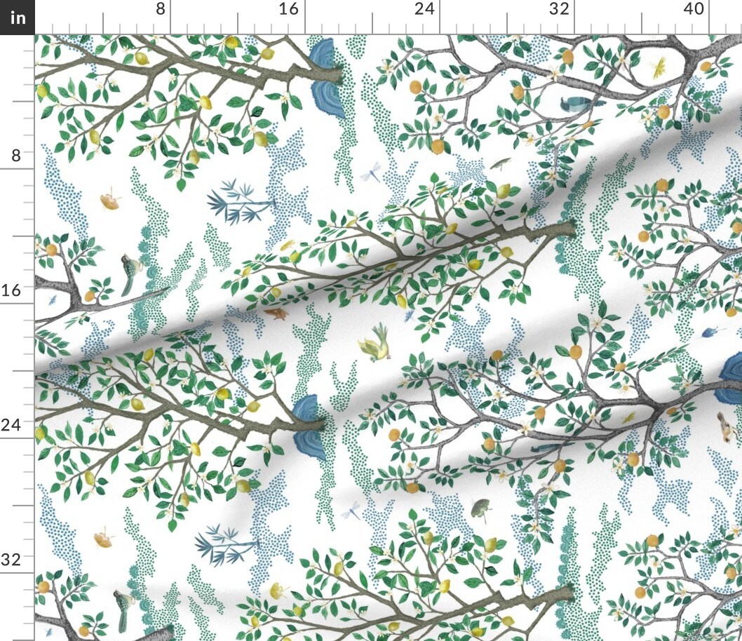 Various Fabrics by the Yard or Fat Quarter Chinoiserie Floral Branches Citrus Large Scale Oranges Lemons Toile Grove Botanical Tree Fruit Rotated Custom Printed Fabric by Spoonflower