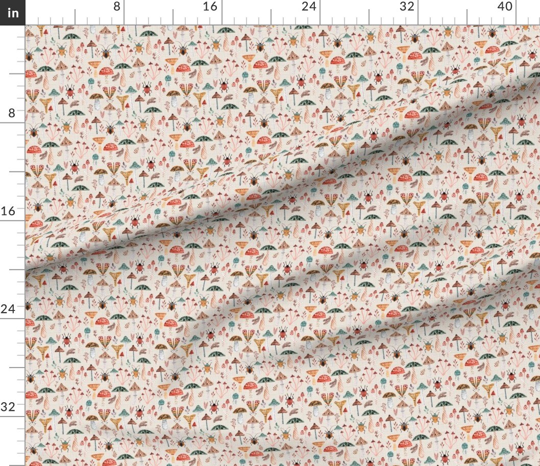Various Fabrics by the Yard or Fat Quarter Watercolor Woodland Insects Mushrooms Fairy Whimsical Bugs Rustic Small Scale Custom Printed Fabric by Spoonflower
