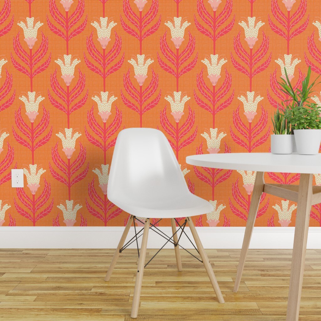 Peel & Stick Wallpaper 2FT Wide Floral Damask Bright Vintage Cream Retro Orange Funky Simple Custom Removable Wallpaper by Spoonflower