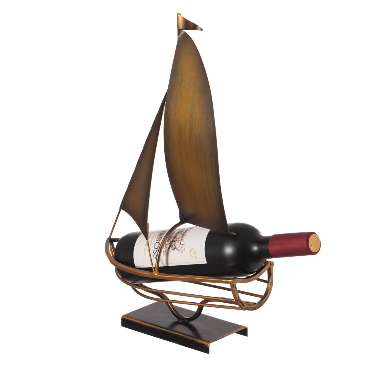 Vintiquewise Decorative Bronze Metal Vintage Single Bottle Abstract Boat Wine Holder for Tabletop or Countertop