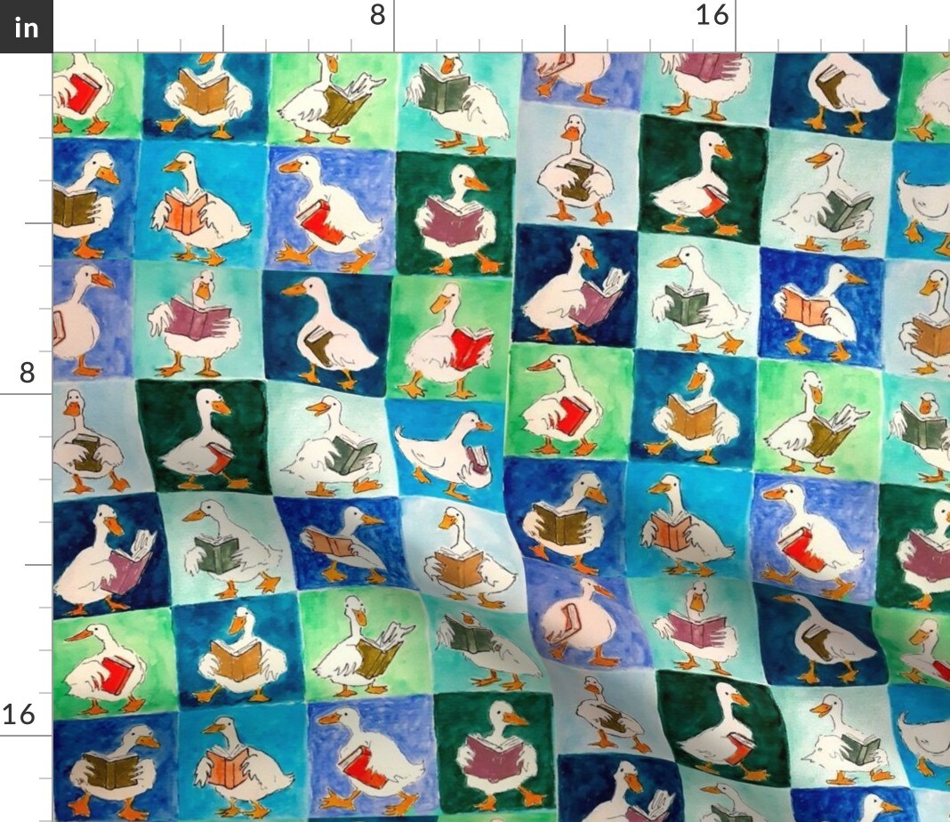 Blue Birds Animals Whimsical Books Ducks Watercolor Book Covers Reading Group Duck Readers Library Lover Large Scale Custom Printed Fabric by Spoonflower Various Fabrics by the Yard or Fat Quarter