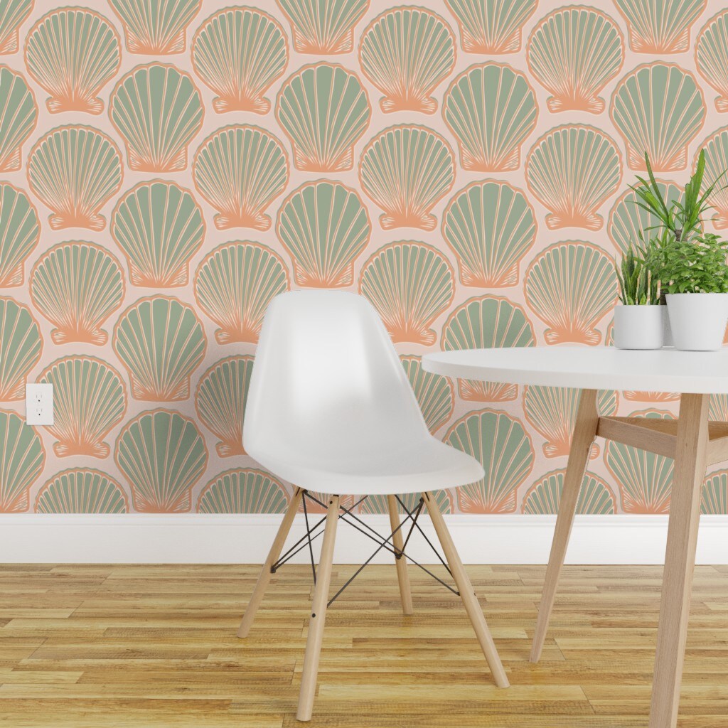 Peel &#x26; Stick Wallpaper 2FT Wide Pink Sun Sand Summer Beach Sea Clam Seashell Relax Coastal Chic Large Scale Custom Removable Wallpaper by Spoonflower