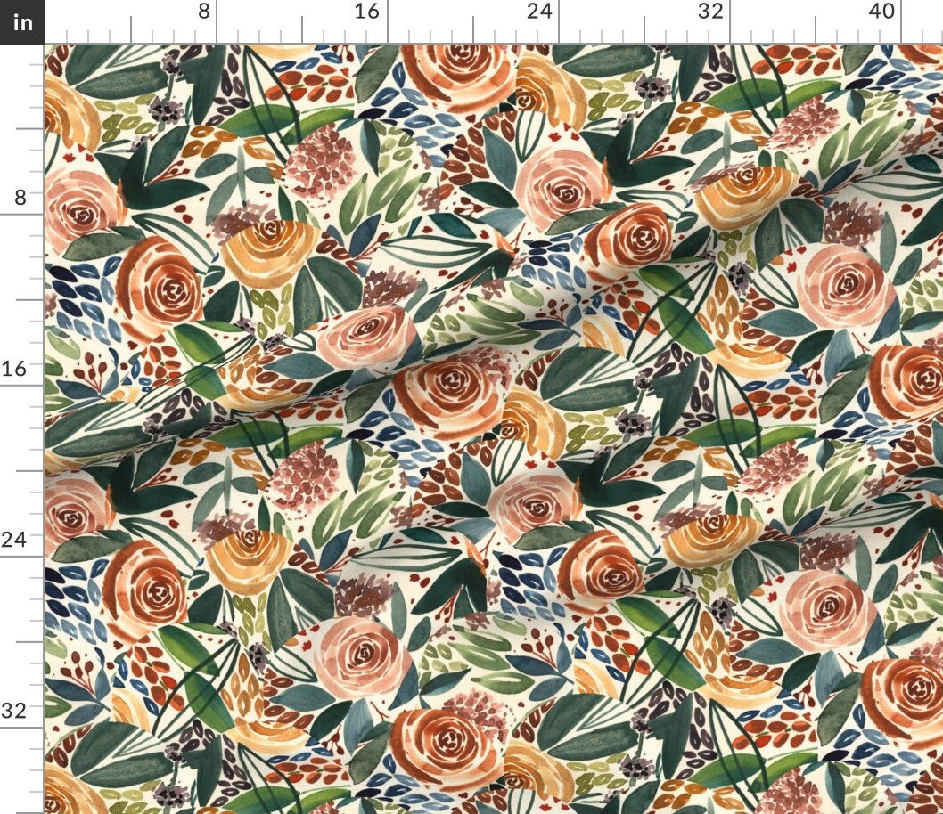 Boho Watercolor Roses Floral Medium Scale Multicolor Colorful Cream Botanical Peach Custom Printed Fabric by Spoonflower Various Fabrics by the Yard or Fat Quarter
