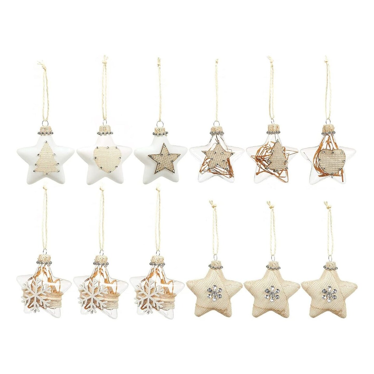 12 Pack Rustic Glass Star Ornaments for Christmas Tree, Hanging Decorations in Assorted Designs (3 x 6.2 x 1 In)