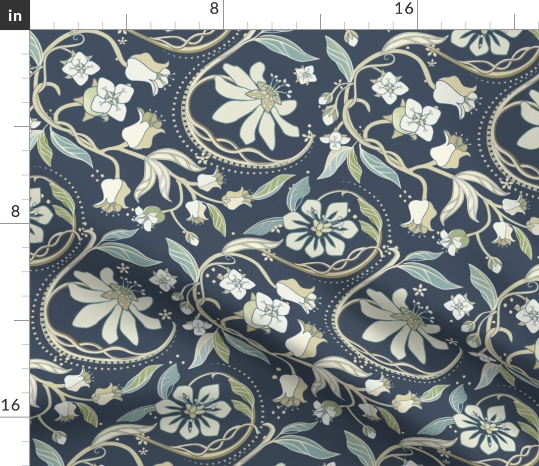 Traditional Floral Blue Green Medium Scale Vines Custom Printed Fabric by Spoonflower Various Fabrics by the Yard or Fat Quarter