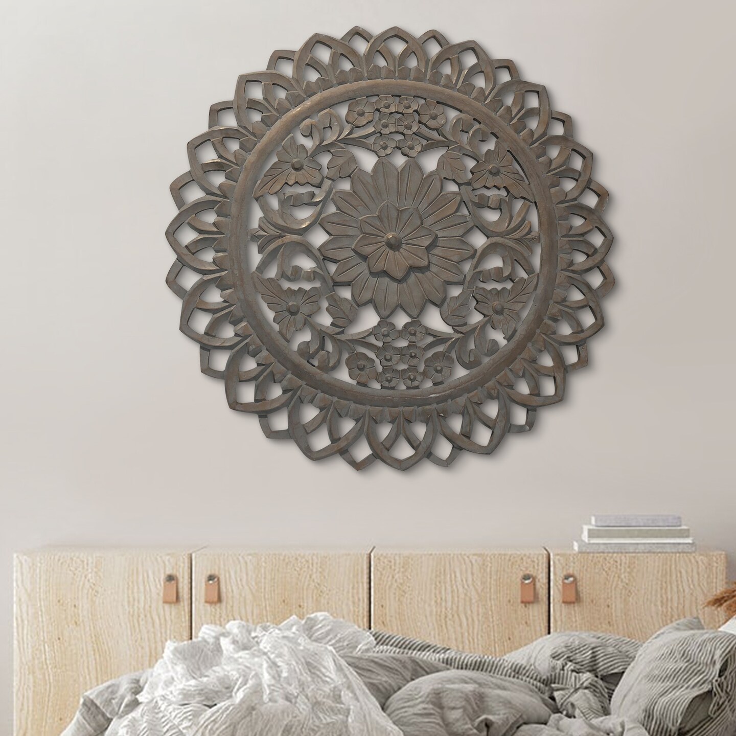 Saltoro Sherpi 36 Inch Handcarved Wooden Round Wall Art with Floral Carving, Distressed Brown-