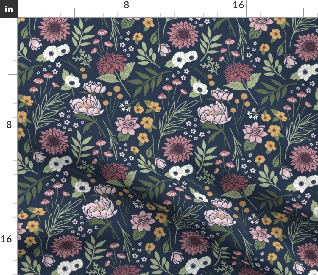 Blue Floral Pink Flowers Boho Botanical Medium Scale Custom Printed Fabric by Spoonflower Various Fabrics by the Yard or Fat Quarter