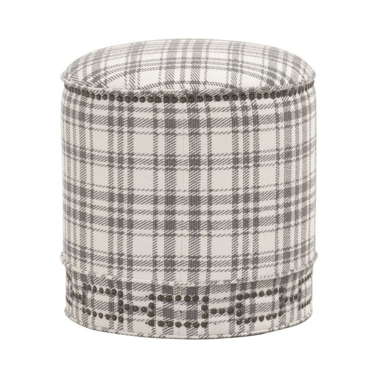 Saltoro Sherpi Elly 20 Inch Plaid Fabric Ottoman, Round, Nailhead Accents, Gray, White-