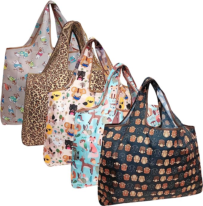 Wrapables Large Foldable Tote Nylon Reusable Grocery Bags, 5 Pack