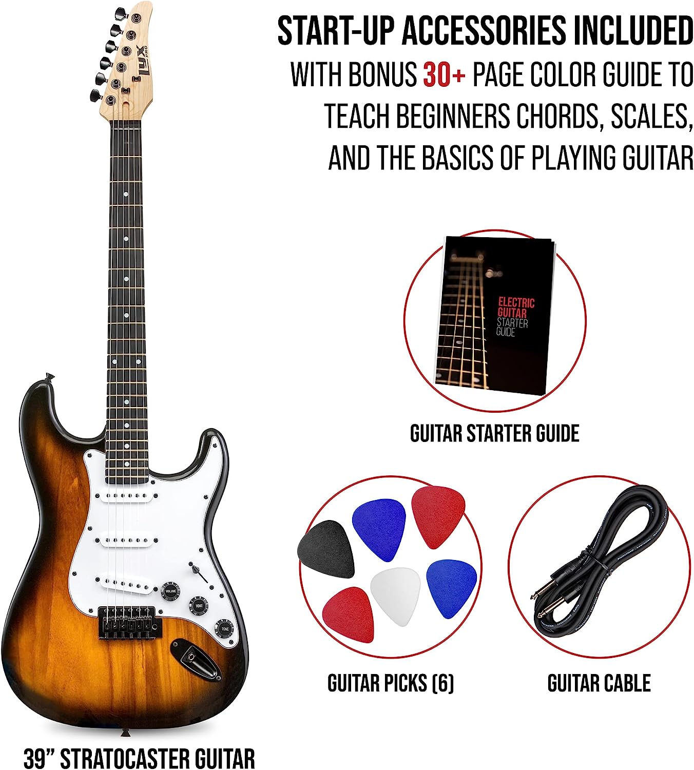 LyxPro 39" Stratocaster Solid Body Beginner Electric Guitar