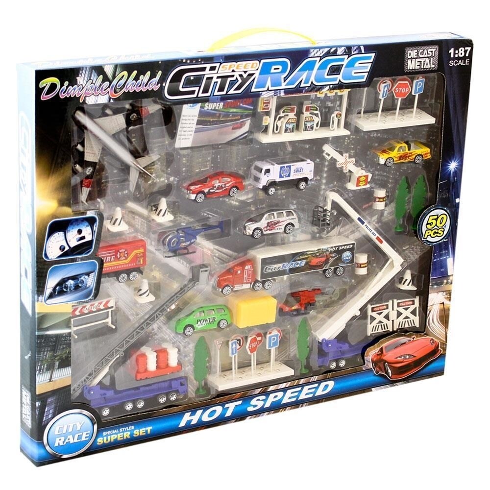 Dimple Manhattan Life Set of 50 Toy Diecast Automobiles and Scenic Pieces W/ Mat Including Helicopters  Cranes  SWAT Truck and