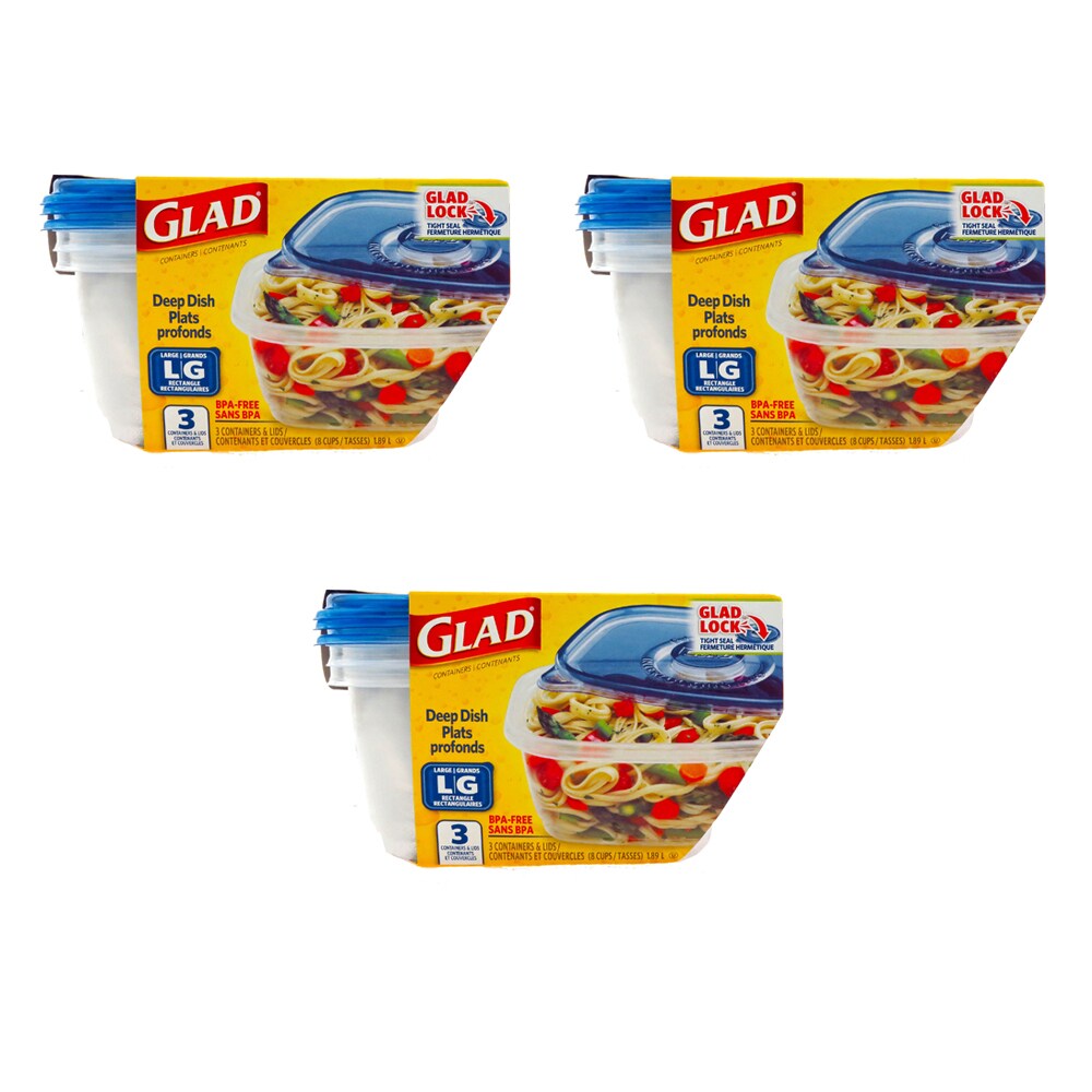 Glad Home Collection Containers & Lids, Deep Dish, Large, Rectangle, 64 Ounce - 3 containers