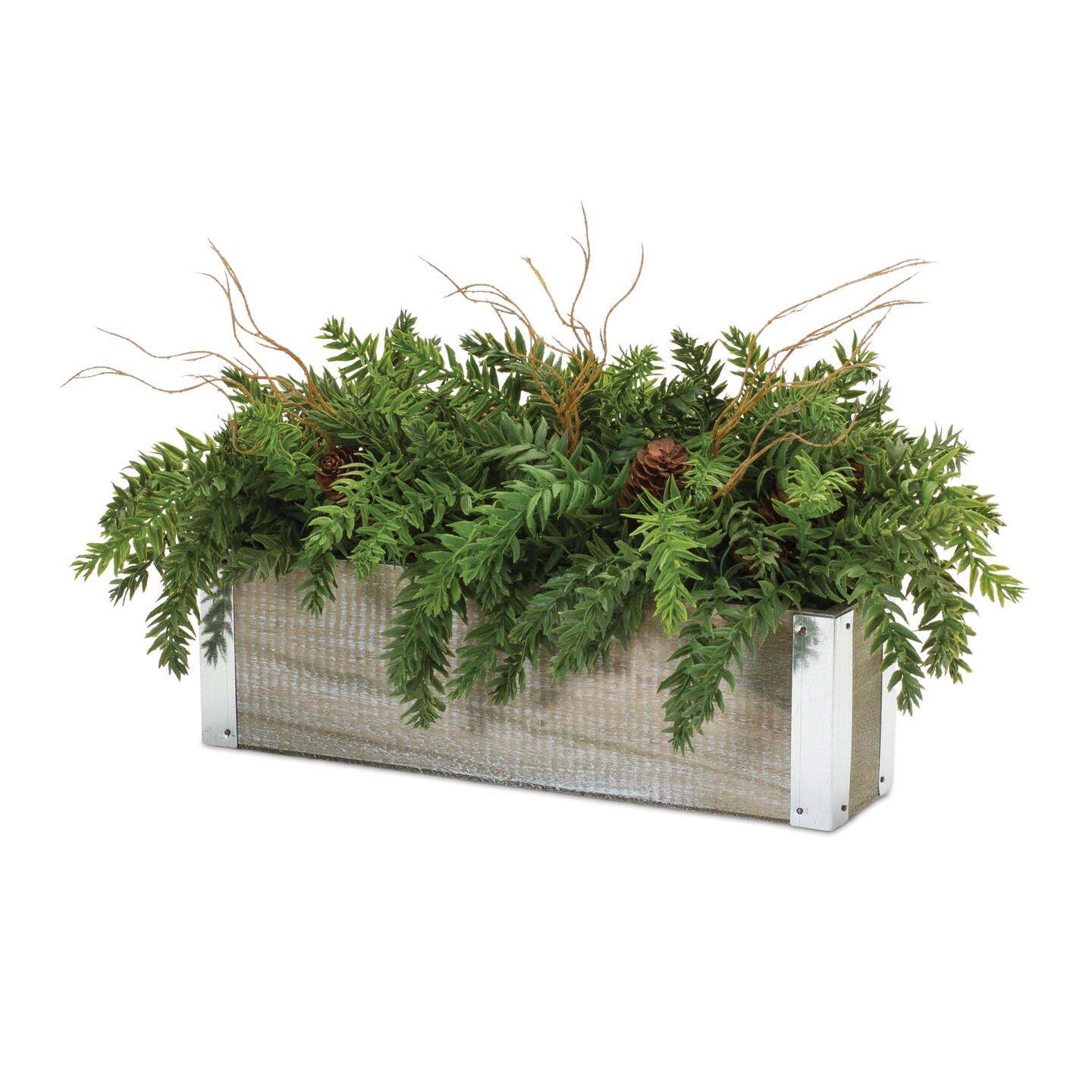 Melrose Set of 2 Green and Brown Artificial Pine Christmas Centerpiece in Wooden Planter 20&#x22;