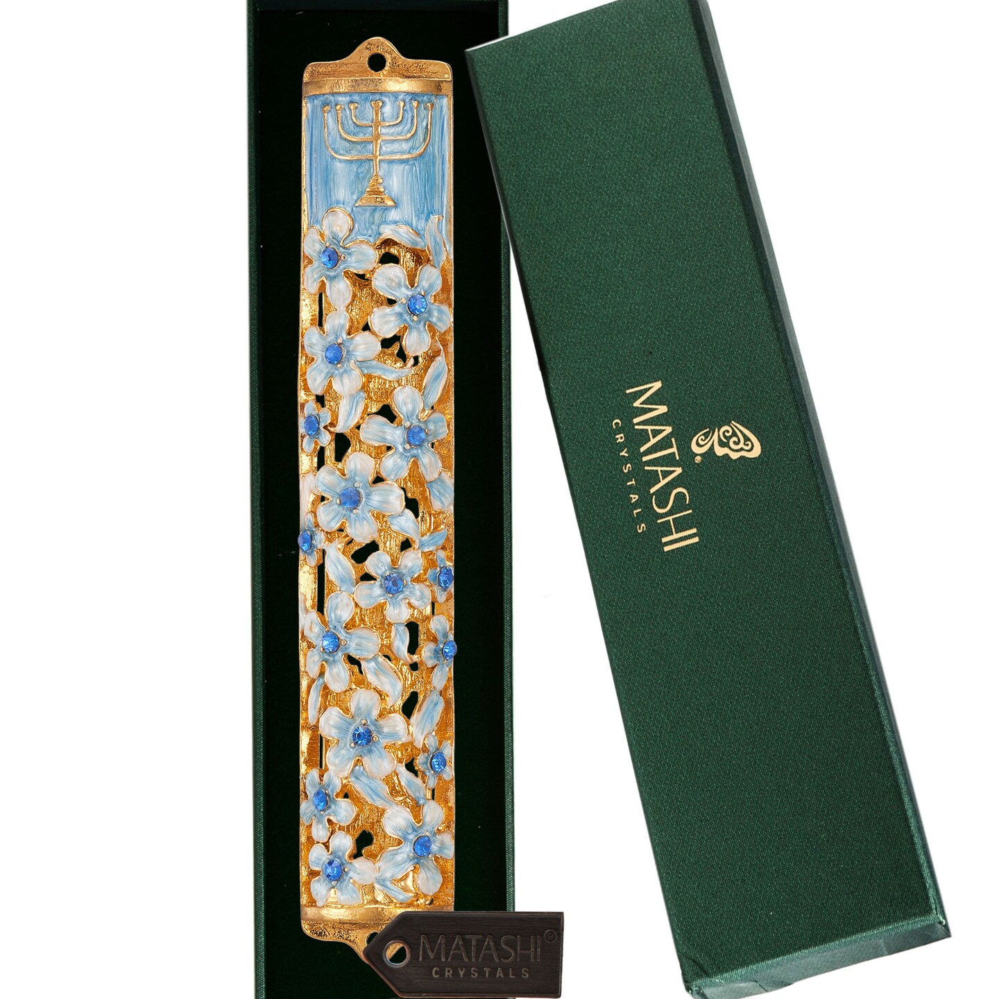 Matashi   Hand Painted 5.5&#x22; Blue and Ivory Enamel Flower Mezuzah Embellished w/ Gold AccentsMenorah Design and fine