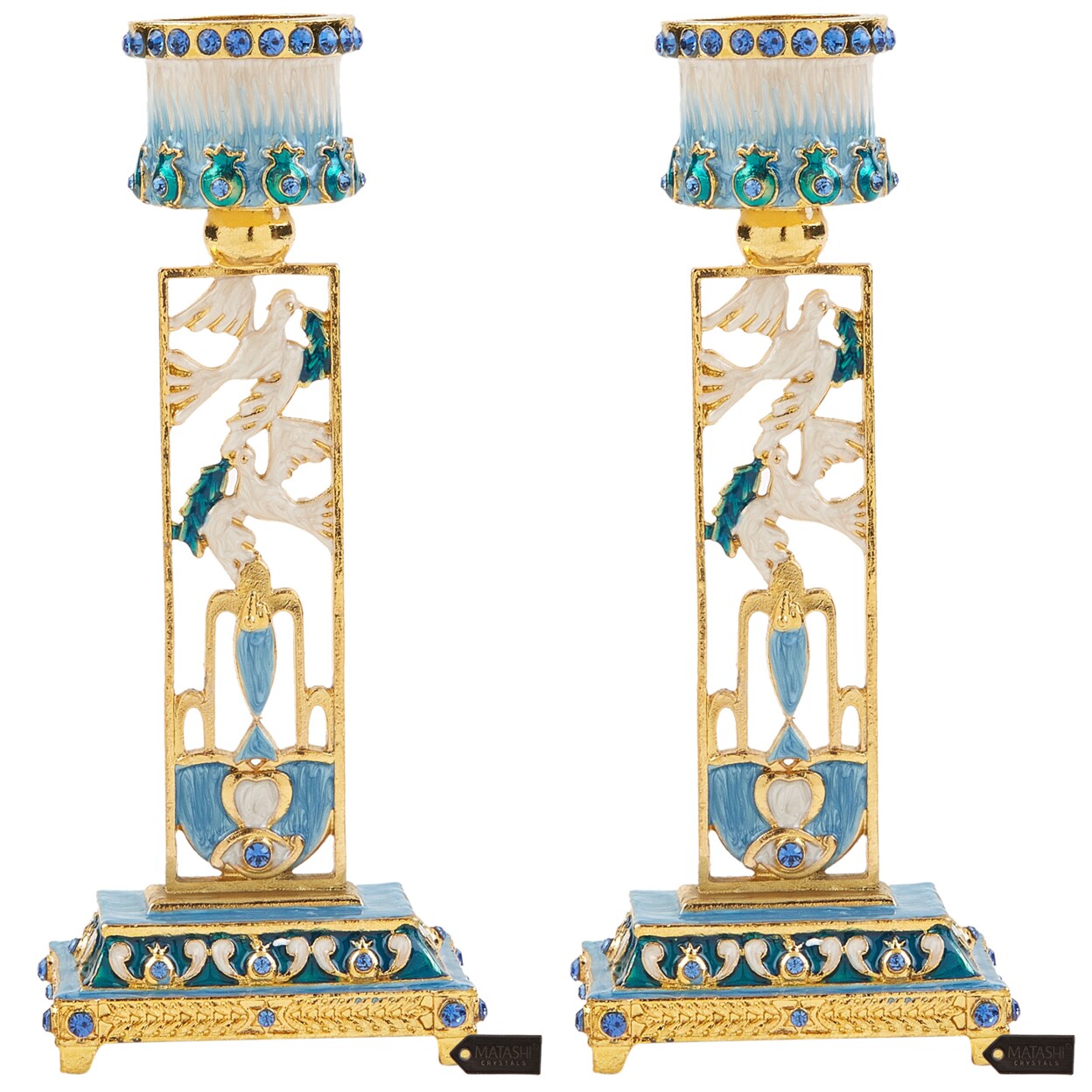 Matashi Shabbat Candlestick Holder (2-Piece Set) Candle Holder Hand-Painted Gold-Plated Pewter Tall Adorned W/ Doves