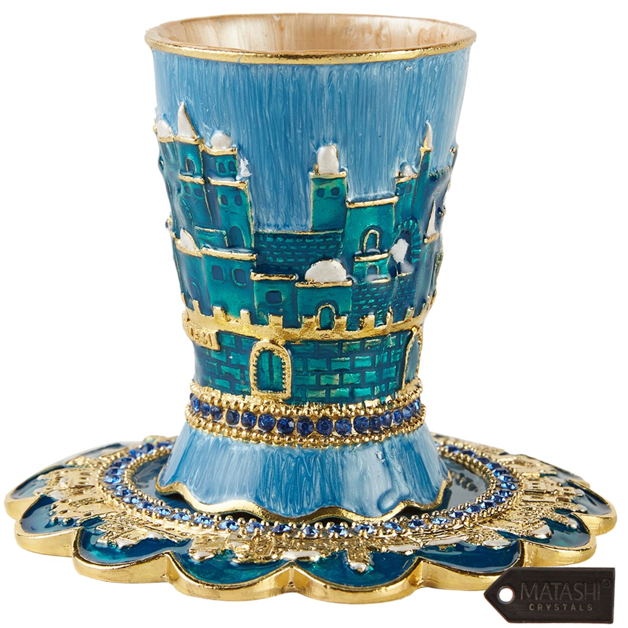 Matashi Hand-Painted Enamel Kiddush Cup Set W Tray W Crystals And Jerusalem Cityscape Design For Shabbat Goblet Judaica