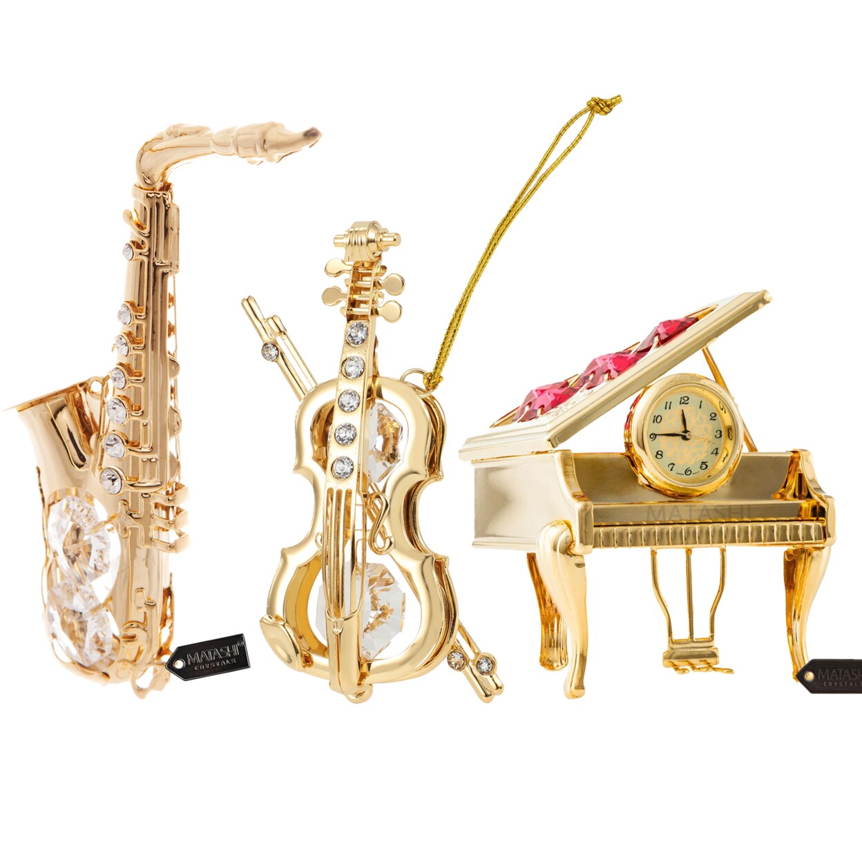 Matashi   24K Gold Plated Vintage Piano Desk Clock with Crystal Studded Violin Bow And Saxophone Ornament