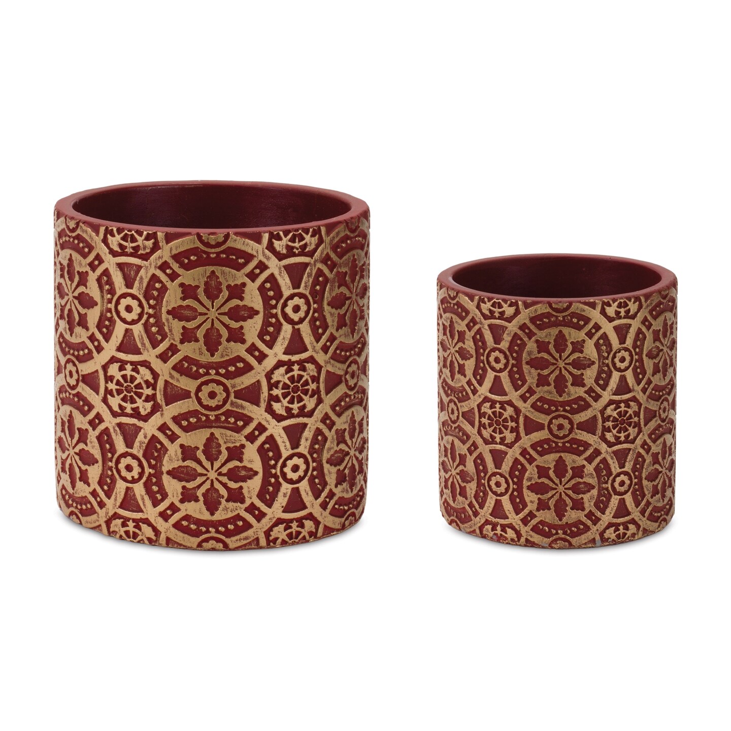 Melrose Ornated Snowflake Standing Planters - 6.5&#x22; - Red and Gold - Set of 2