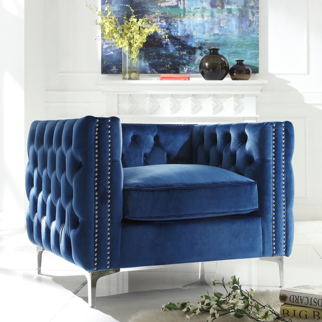 Inspired Home Alison Velvet Club Chair or Sofa-Button Tufted-Nailhead Trim-