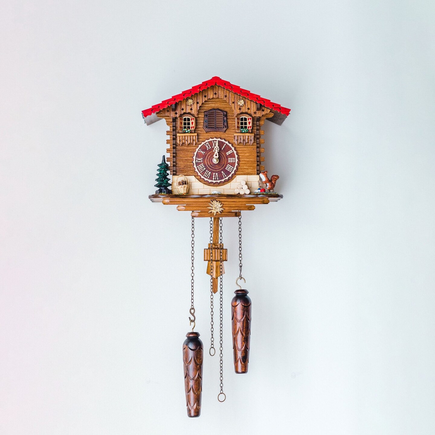 Hermle 16" Brown and Red Squirrel Figurine Cuckoo Wall Clock