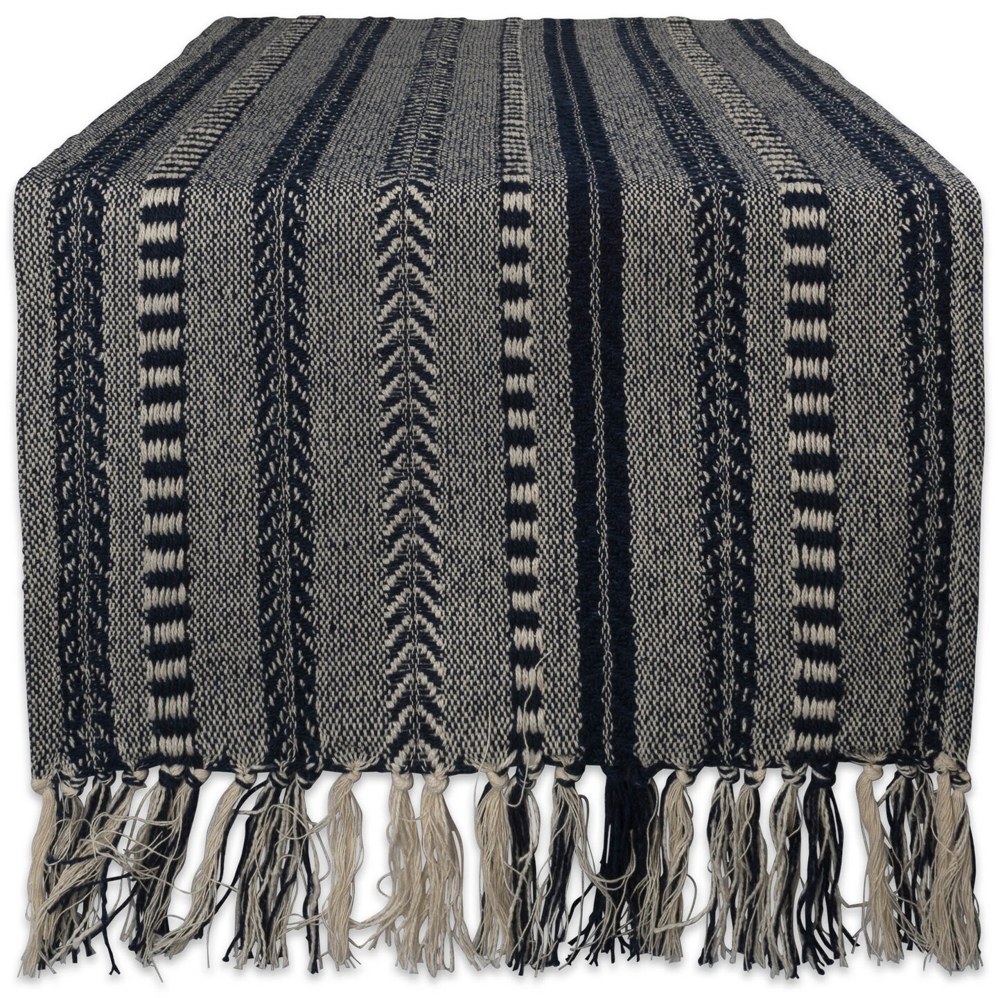 Contemporary Home Living Woven Striped Table Runner with Knotted Tassels - 108&#x22; - Black and Tan