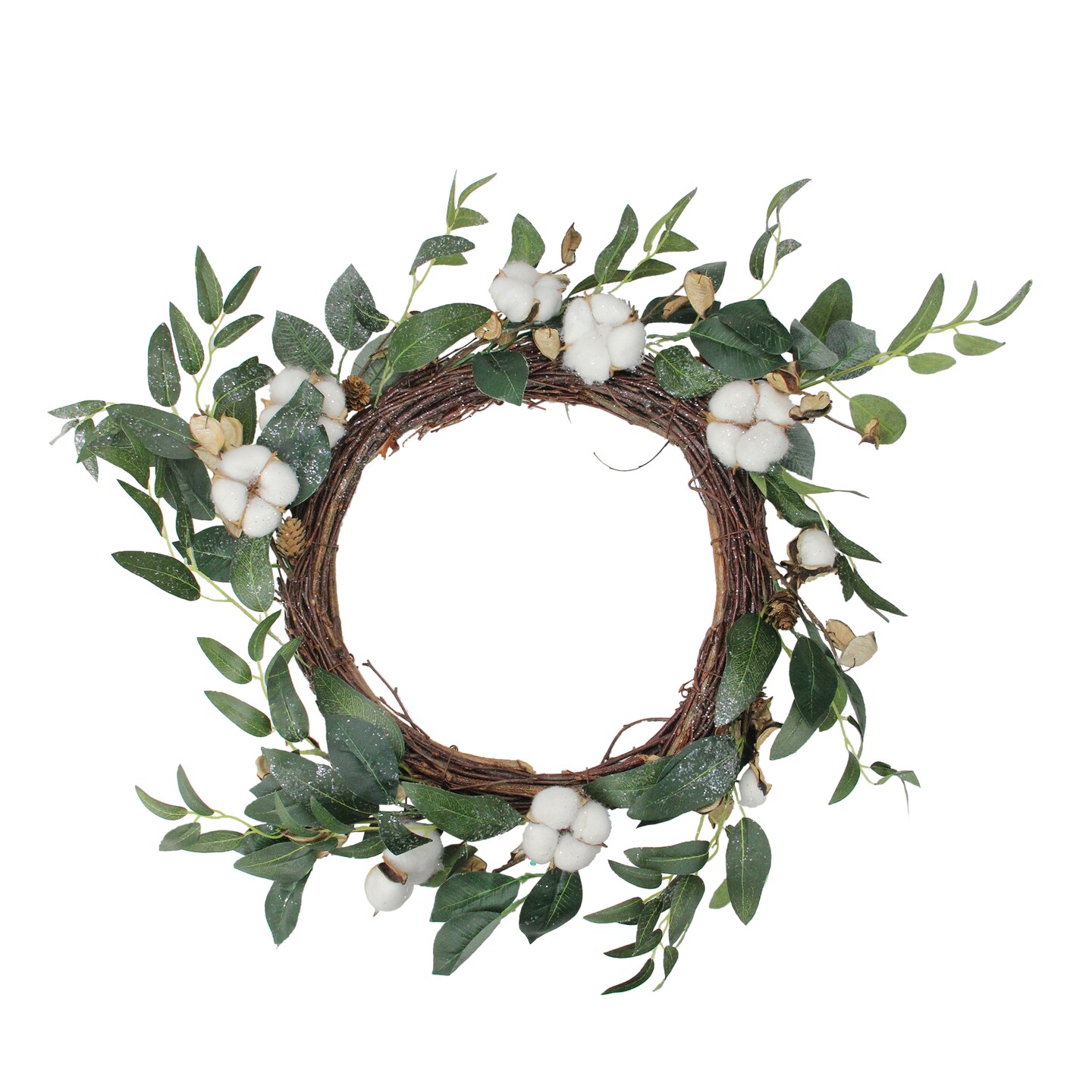 Northlight White Cotton Flowers with Foliage Spring Twig Wreath, 18-Inch, Unlit