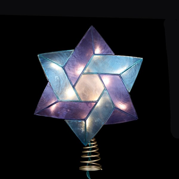 Kurt Adler 8" Lighted Blue and White Star of David Capiz Shell Christmas Tree Topper - Clear Lights