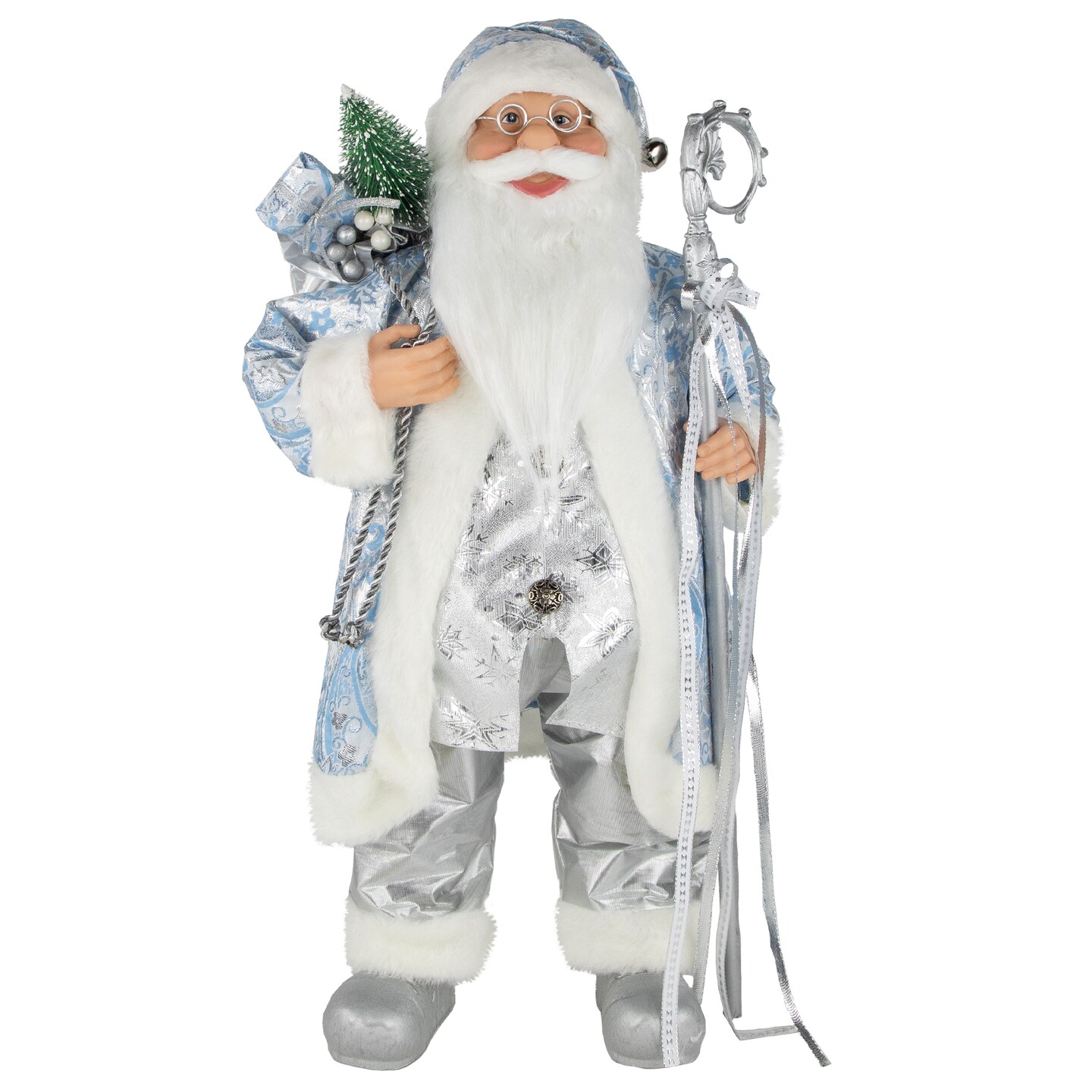 Northlight 24&#x22; Blue and Silver Ice Palace Santa Claus with Staff and Bag Christmas Figure