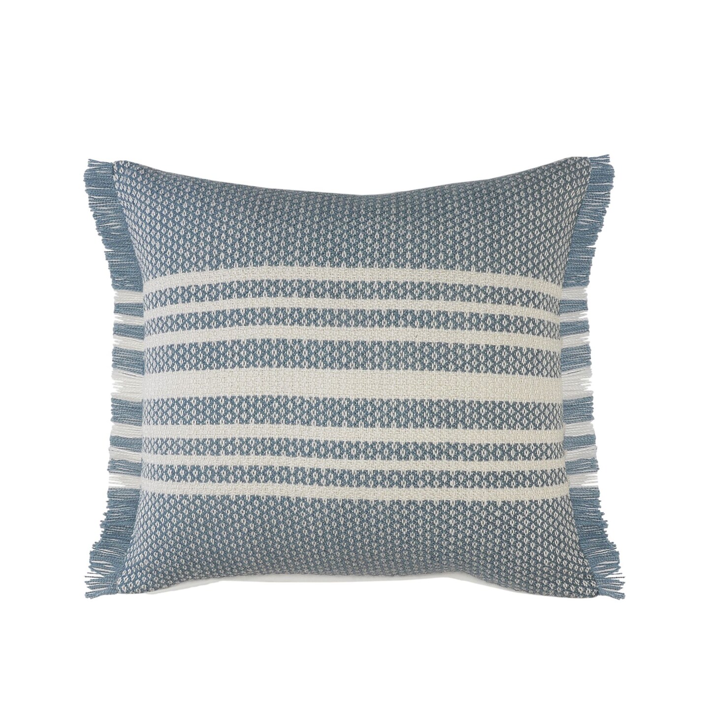 Laddha Home Designs 24&#x22; Blue and White Striped Pattern Square Outdoor Throw Pillow with Fringe