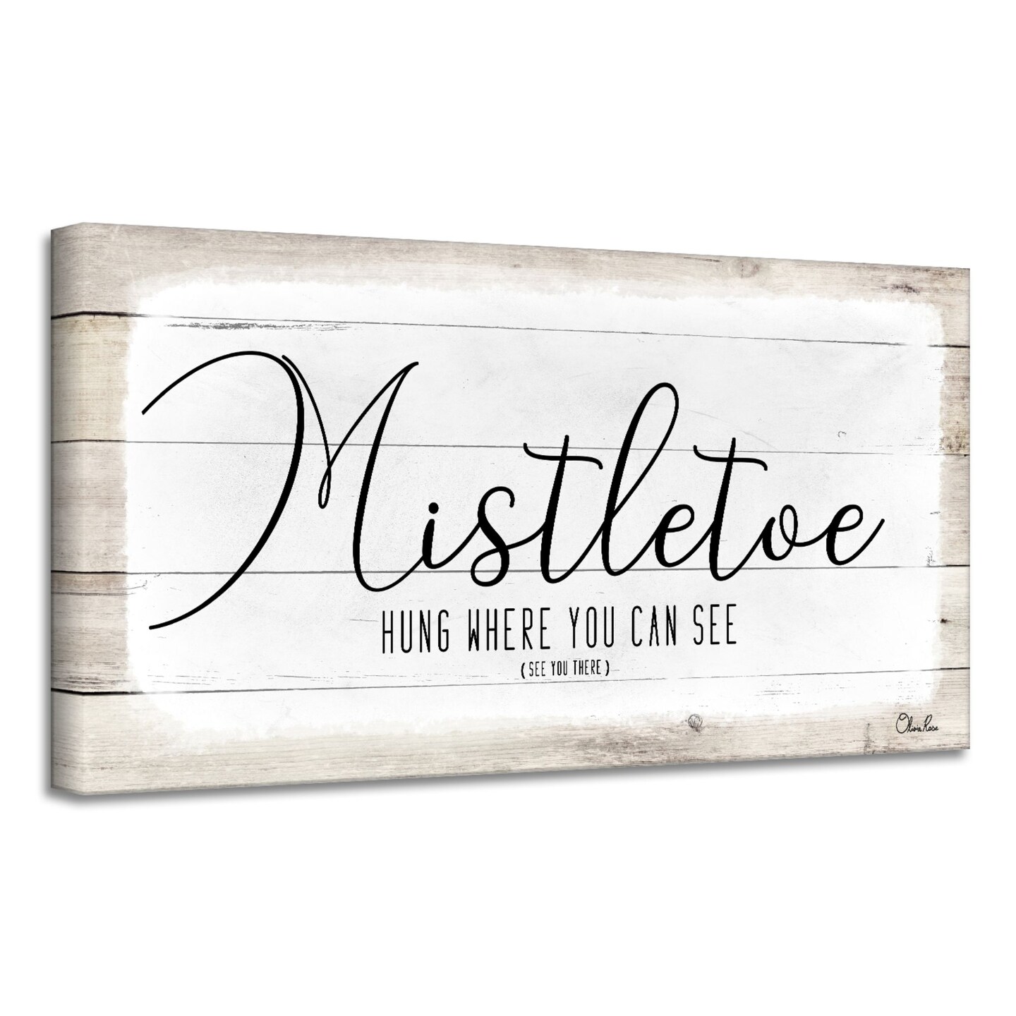 Crafted Creations Beige and White &#x27;Mistletoe&#x27; Christmas Canvas Wall Art Decor 8&#x22; x 16&#x22;