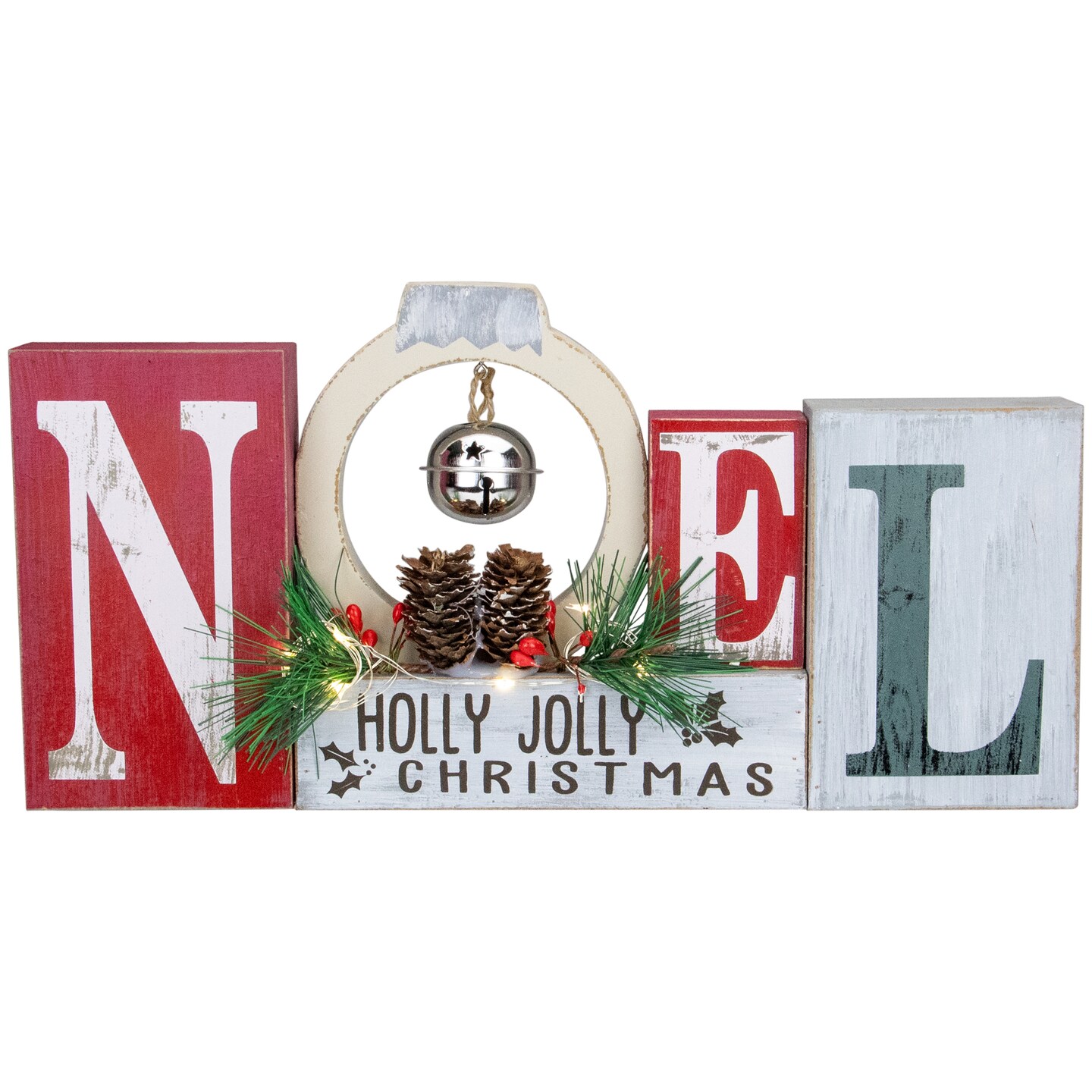 Northlight LED Lighted "Noel Holly Jolly Christmas" Holiday Sign with Jingle Bell - 13"