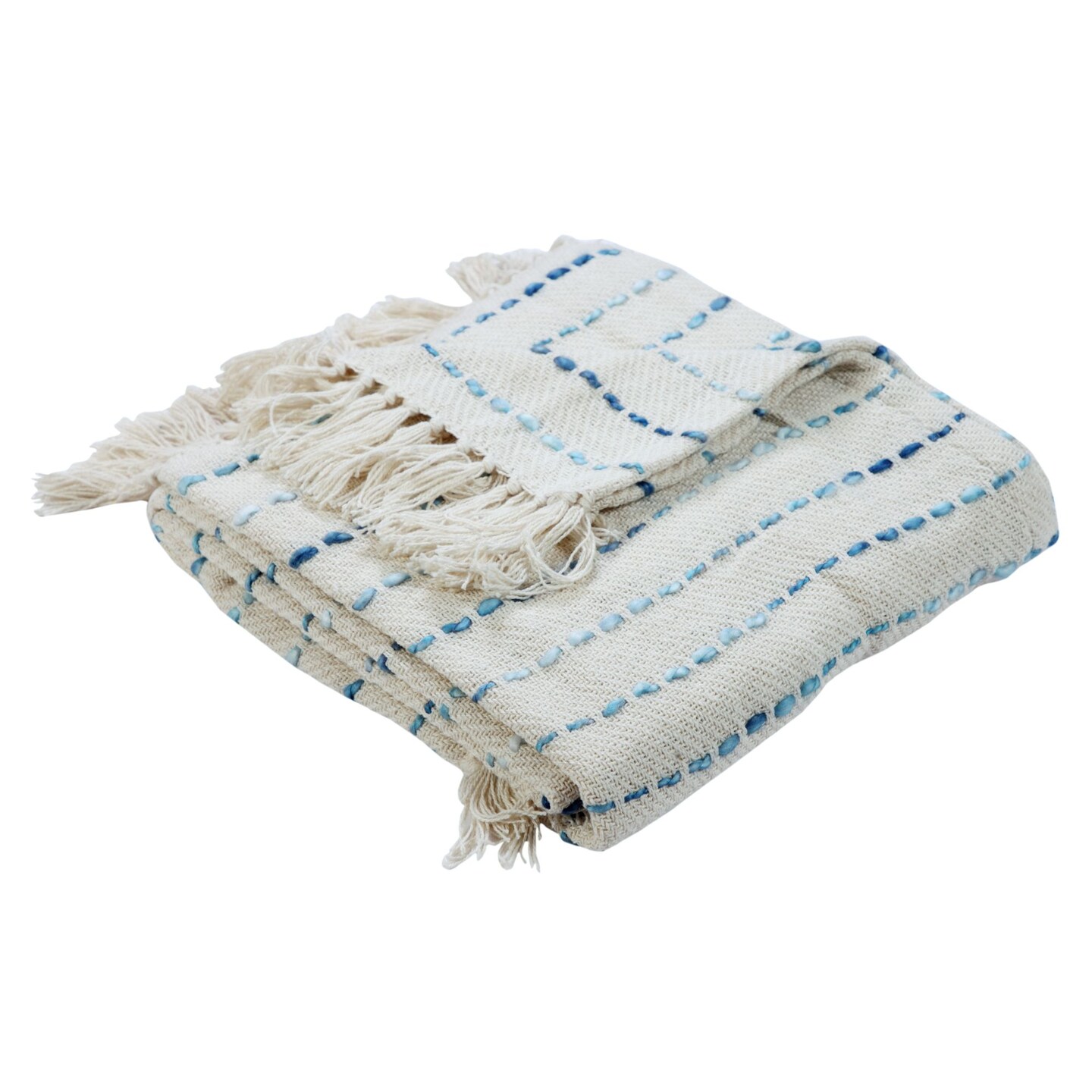 Laddha Home Designs Blue and Beige Shimmer Stripe Hand Woven Throw Blanket with Fringes 50&#x22; x 60&#x22;