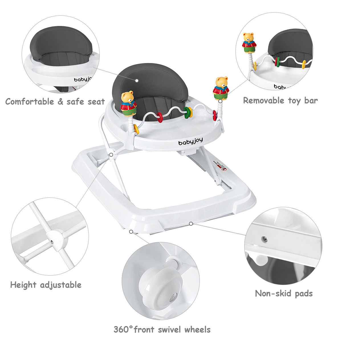 Baby Walker Adjustable Height Removable Toy Wheels Folding Portable Grey