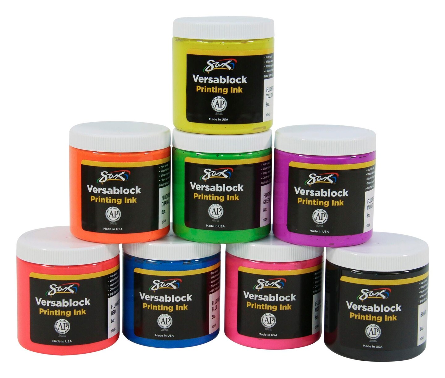 Sax Versablock Fluorescent Neon Block Printing Inks, 8 Ounces, Set of 8